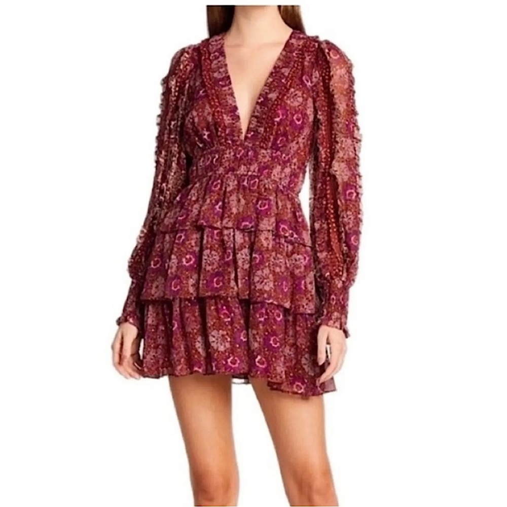 House of Harlow 1960 | Berry Ruffle V Neck Mini Dress Floral - size 6